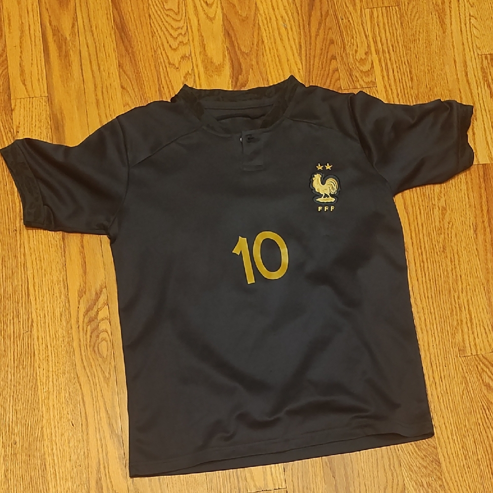 Kids Mbappe Blue Soccer Jersey with Gold Accents